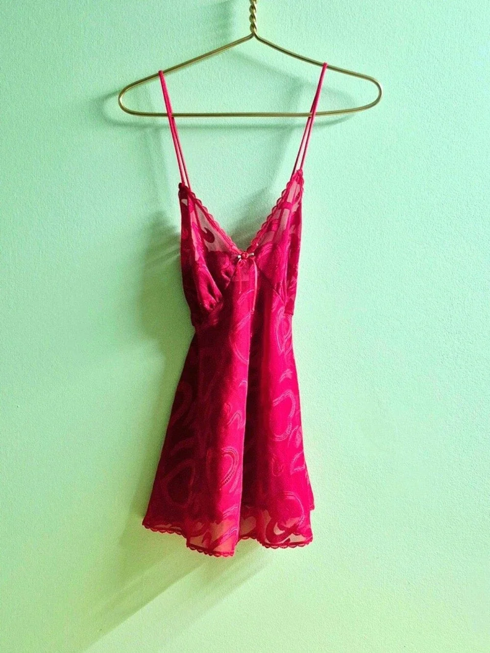Vintage Red Heart Mesh Chemise – Lace Trim Sheer Night Slip - Picture 8 of 8
